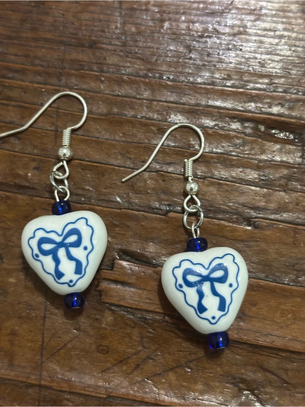 Blue and White Heart Dangle Earrings - Ceramic Bow Accent